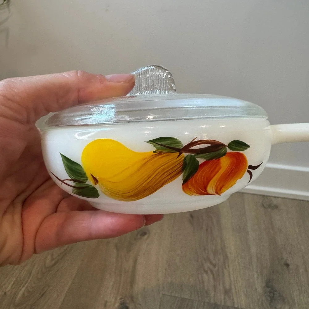 Vintage Glasbake Harvest Pear Milk Glass Soup Bowls with Fin Lids Set of 3 Small